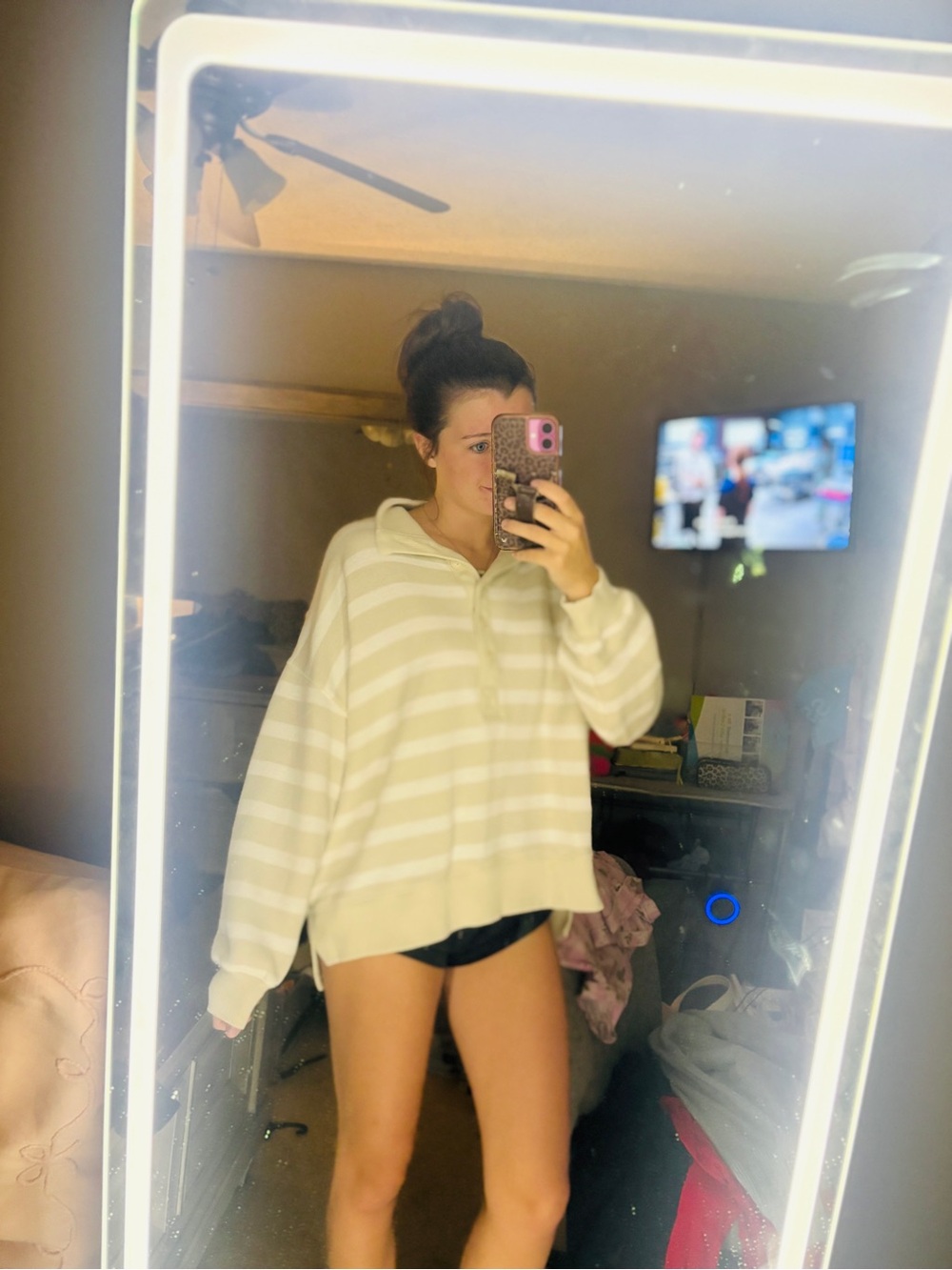 aerie Cream and White Striped Button-Down Hoodie Shirt